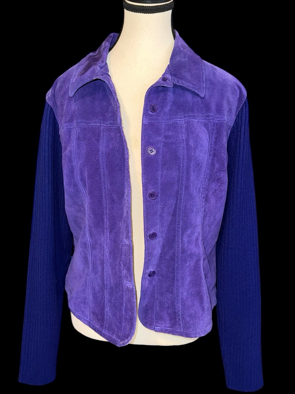 Vintage Y2K AMI Purple Suede Leather Jacket L Knit Sleeves Button Front